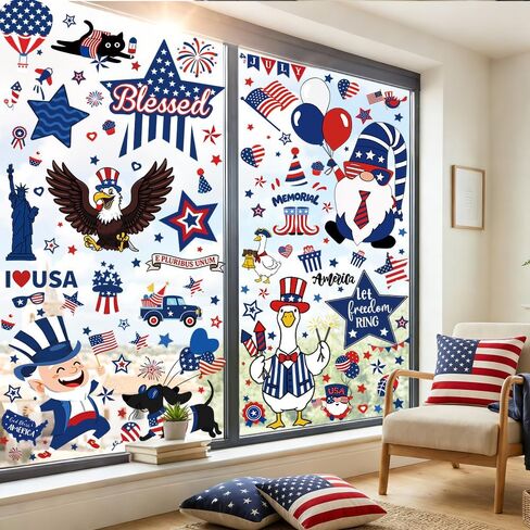 Celltestria 8 Sheets 4th of July Window Clings Patriotic Memorial Day Window Decals 250th Anniversary American Flag Stickers for Independence Day Home Office School Party Gifts Decor Glass Decoration in Kuwait