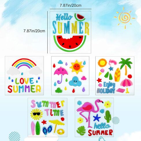 6 Pack Summer Clings for Glass Windows, Reusable Seasonal Stickers with Flamingo, Watermelon, Rainbow, Beach Design in Saudi Arabia