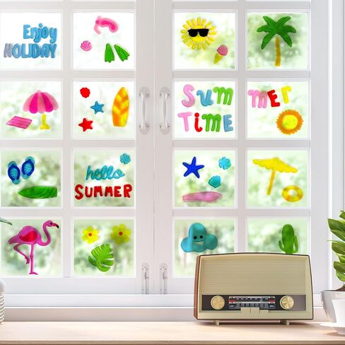 6 Pack Summer Clings for Glass Windows, Reusable Seasonal Stickers with Flamingo, Watermelon, Rainbow, Beach Design in Saudi Arabia