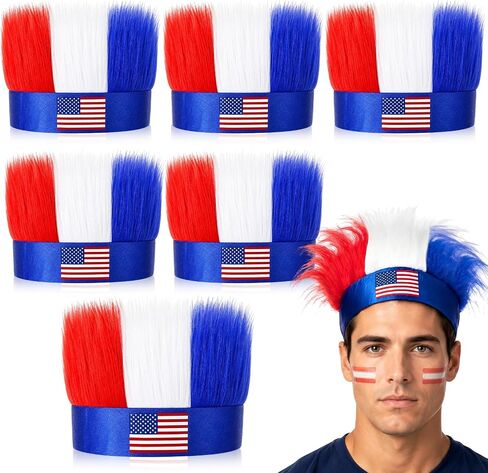 Chicingyou 6 Pcs 4th of July Patriotic Hairy Headband Red White and Blue USA Patriotic Sport Events American USA Hat Independence Day Party Costume Accessory 4th of July for Men Women Cosplay Fun Wig in Kuwait
