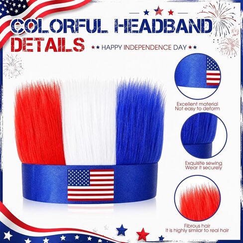 Chicingyou 6 Pcs 4th of July Patriotic Hairy Headband Red White and Blue USA Patriotic Sport Events American USA Hat Independence Day Party Costume Accessory 4th of July for Men Women Cosplay Fun Wig in Kuwait