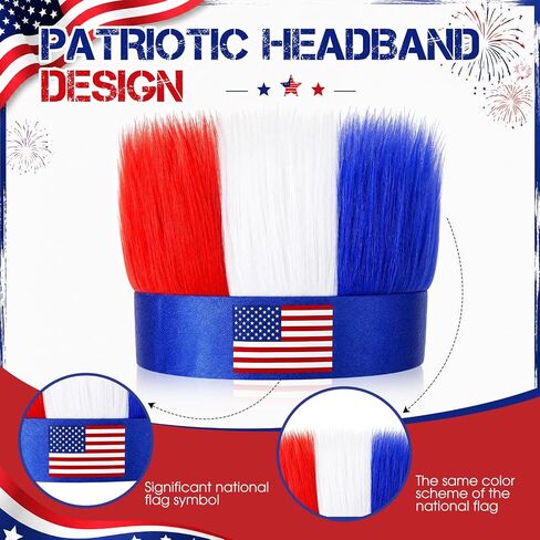 Chicingyou 6 Pcs 4th of July Patriotic Hairy Headband Red White and Blue USA Patriotic Sport Events American USA Hat Independence Day Party Costume Accessory 4th of July for Men Women Cosplay Fun Wig in Kuwait