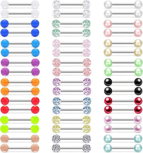 48Pcs 14G Stainless Steel Nipple Rings Tongue Rings Straight Barbell Bars Piercing Glow in Dark Flexible Retainer Piercing Jewelry for Women Men 16mm Bar in Saudi Arabia