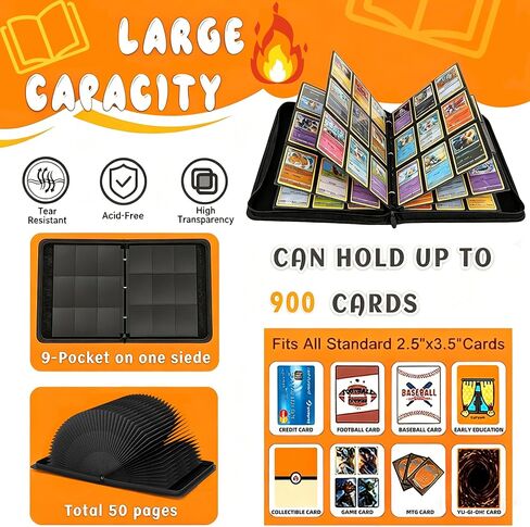 900 Pockets Trading Card Binder with Zipper, 3 Ring Card Album with 50 Side-Loading Pages, Standard Size 2.5" x 3.5" Card Holder for TCG, MTG, Sports & Collectible Cards, Gift for Adults & Kids in Kuwait