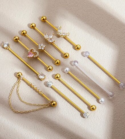 Industrial Piercing Jewelry Gold Silver Industrial Bar 14G Surgical Stainless Steel Industrial Earrings Chain Butterfly Flower Heart Industrial Barbell 1 1/2"(38mm) Bar Length in Saudi Arabia