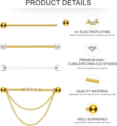 Industrial Piercing Jewelry Gold Silver Industrial Bar 14G Surgical Stainless Steel Industrial Earrings Chain Butterfly Flower Heart Industrial Barbell 1 1/2"(38mm) Bar Length in Saudi Arabia