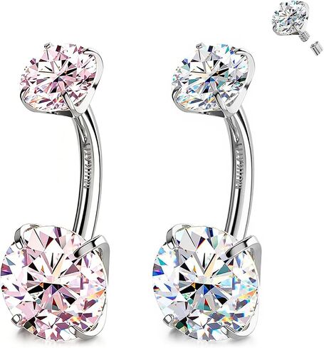G23-Titanium Belly Button Ring Piercing - 14G Gold/Silver White Pink Round CZ Floating Navel Piercings Jewelry Set Long Bar Internally Threaded Curved Barbell Belly Rings Body Jewellery for Women in Saudi Arabia