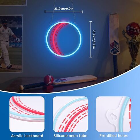 OkiyiD Cricket Ball Neon Sign – Sport Shaped LED Light for Game Room Man Cave Bar Decor, Cricket Gifts for Boys Men Dad Husband, USB Powered Dimmable Wall Decor Accessories in Saudi Arabia