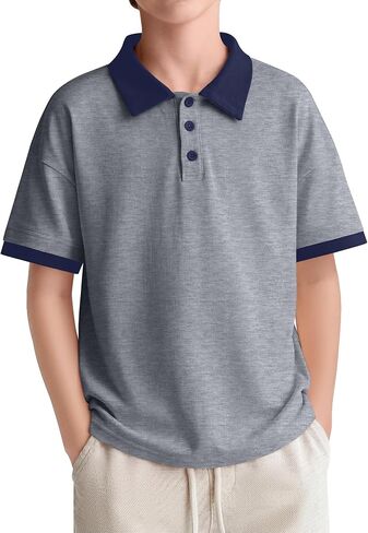 Boys' Short Sleeve Shirt School Uniform Oversize Henley Top Soft Performance Active Tee Button Closure 5-14 Year in Kuwait