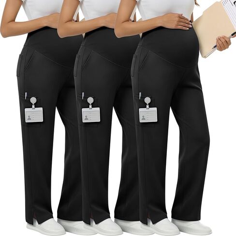 Xaatren 3 Pack Women's Maternity Scrub Pants 6 Pockets Stretchy Straight Leg Pregnancy Cargo Workwear with Side Vents in Kuwait