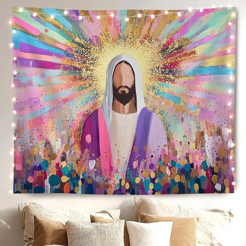 MKYFHSVGD Modern Abstract Jesus Christian Tapestry Wall Hanging, Glitter Colorful Jesus Religious Wall Tapestry for Church Prayer Room Home Bedroom Office Decorations, 50x60 Inch in Saudi Arabia