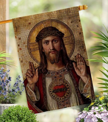 Feast of Sacred Heart of Jesus Canvas Burlap Flag Support Our Troop Burlap Wall Hanging Decor Home Porch Religious Room Tapestry Faith Fathers Day Cemetery Decorations for Grave Yard Catholic Gifts in Saudi Arabia