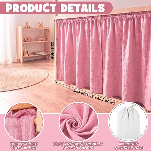 Breling 3 Pcs Panel Muslin Cotton Curtains Set for Loft Bed Pink Bunk Bed Privacy Curtains Breathable Fabric with Storage Bag for Bedroom Playhouse Dorm in Saudi Arabia