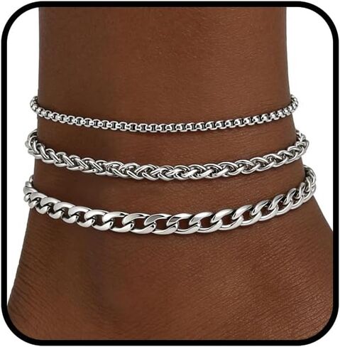 yfstyle 3PCS Stainless Steel Silver Anklet for Women 14K Silver Cuban Ankle Bracelets for Women Waterproof Cuban Link Anklets Set Summer Jewelry Gift in Kuwait