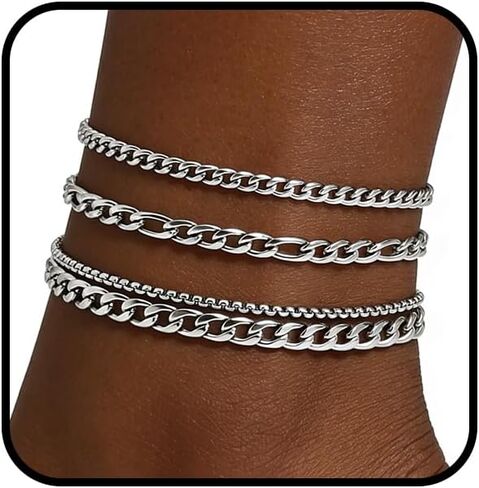 yfstyle 3PCS Stainless Steel Silver Anklet for Women 14K Silver Cuban Ankle Bracelets for Women Waterproof Cuban Link Anklets Set Summer Jewelry Gift in Kuwait
