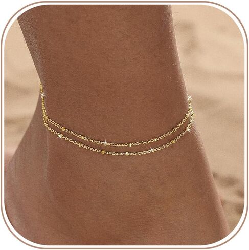 Gold/Silver Ankle Bracelets for Women,14K Gold Plated Anklets for Women Waterproof Cuban Link Heart Pearls Beads Rhinestone Anklets Set Layered Bracelets for Women Gold Jewelry Gift in Saudi Arabia
