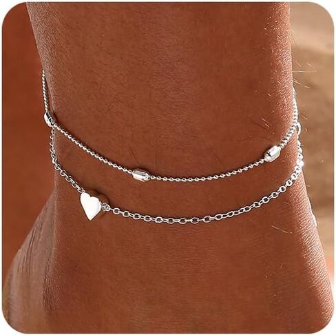 Gold/Silver Ankle Bracelets for Women,14K Gold Plated Anklets for Women Waterproof Cuban Link Heart Pearls Beads Rhinestone Anklets Set Layered Bracelets for Women Gold Jewelry Gift in Kuwait