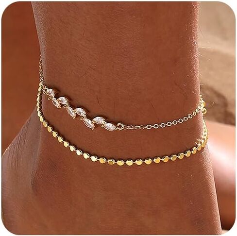 Gold/Silver Ankle Bracelets for Women,14K Gold Plated Anklets for Women Waterproof Cuban Link Heart Pearls Beads Rhinestone Anklets Set Layered Bracelets for Women Gold Jewelry Gift in Kuwait