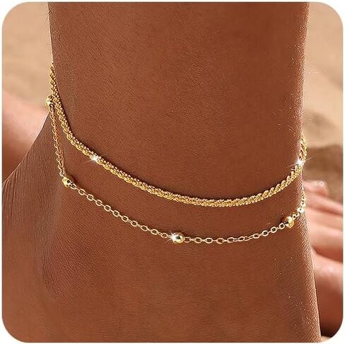 Gold/Silver Ankle Bracelets for Women,14K Gold Plated Anklets for Women Waterproof Cuban Link Heart Pearls Beads Rhinestone Anklets Set Layered Bracelets for Women Gold Jewelry Gift in Kuwait