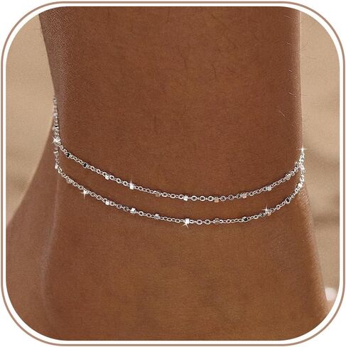 Gold/Silver Ankle Bracelets for Women,14K Gold Plated Anklets for Women Waterproof Cuban Link Heart Pearls Beads Rhinestone Anklets Set Layered Bracelets for Women Gold Jewelry Gift in Kuwait