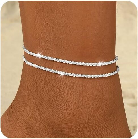 Gold/Silver Ankle Bracelets for Women,14K Gold Plated Anklets for Women Waterproof Cuban Link Heart Pearls Beads Rhinestone Anklets Set Layered Bracelets for Women Gold Jewelry Gift in Kuwait