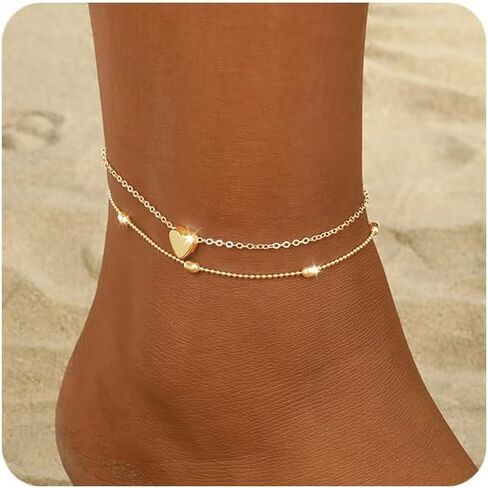 Gold/Silver Ankle Bracelets for Women,14K Gold Plated Anklets for Women Waterproof Cuban Link Heart Pearls Beads Rhinestone Anklets Set Layered Bracelets for Women Gold Jewelry Gift in Kuwait
