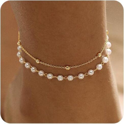 Gold/Silver Ankle Bracelets for Women,14K Gold Plated Anklets for Women Waterproof Cuban Link Heart Pearls Beads Rhinestone Anklets Set Layered Bracelets for Women Gold Jewelry Gift in Kuwait