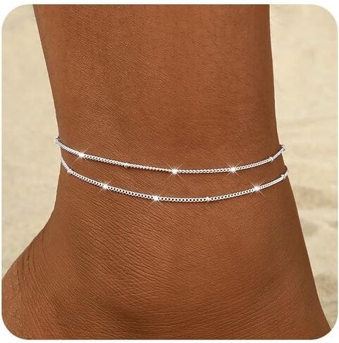 Gold/Silver Ankle Bracelets for Women,14K Gold Plated Anklets for Women Waterproof Cuban Link Heart Pearls Beads Rhinestone Anklets Set Layered Bracelets for Women Gold Jewelry Gift in Kuwait