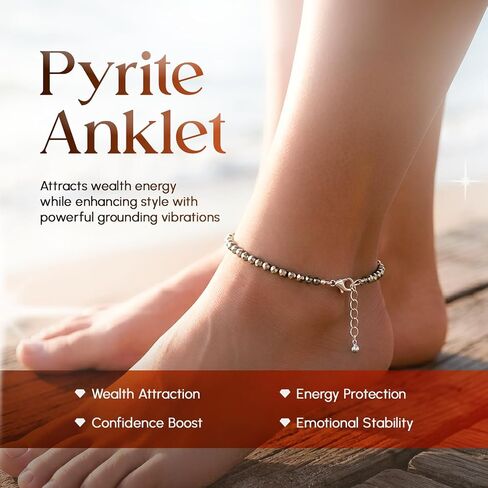 Pyrite Anklet For Wealth & Prosperity Spiritual IGL Certified Pyrite Ankle Bracelet for Women Natural Healing Stone Beaded Adjustable Foot Anklet Gift for Her in Saudi Arabia