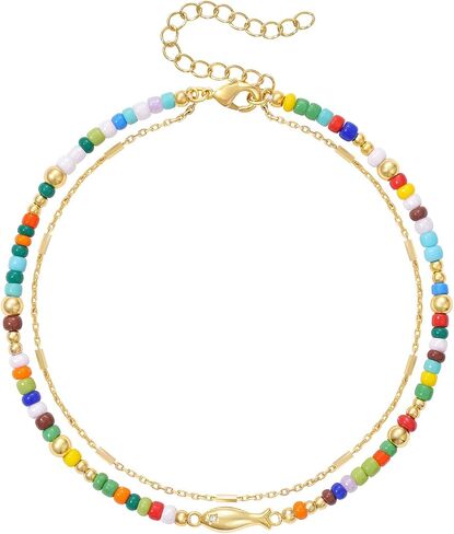KELORIS PATH Layered Ankle Bracelets for Women, Beaded Anklets with 14K Gold Fish Adjustable Summer Waterproof Handmade Jewelry in Saudi Arabia
