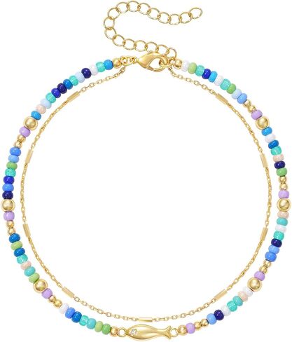 KELORIS PATH Layered Ankle Bracelets for Women, Beaded Anklets with 14K Gold Fish Adjustable Summer Waterproof Handmade Jewelry in Saudi Arabia