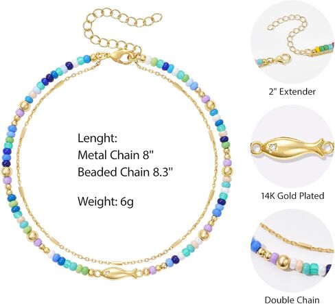 KELORIS PATH Layered Ankle Bracelets for Women, Beaded Anklets with 14K Gold Fish Adjustable Summer Waterproof Handmade Jewelry in Saudi Arabia