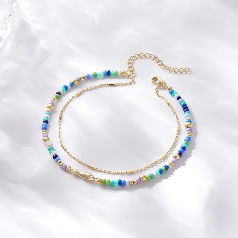 KELORIS PATH Layered Ankle Bracelets for Women, Beaded Anklets with 14K Gold Fish Adjustable Summer Waterproof Handmade Jewelry in Saudi Arabia