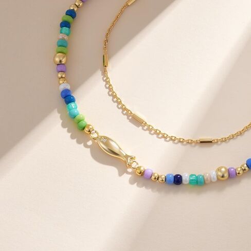 KELORIS PATH Layered Ankle Bracelets for Women, Beaded Anklets with 14K Gold Fish Adjustable Summer Waterproof Handmade Jewelry in Saudi Arabia