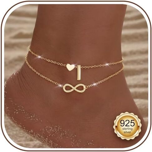 ORAZIO 925 Sterling Sliver Initial Ankle Bracelets for Women Waterproof 14K Gold Filled Layered Infinity Heart Anklets for Women Non Tarnish Cute Summer Beach Foot Jewelry Gift Adjustable Size in Kuwait
