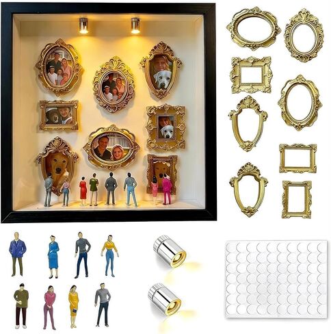 DIY Mini Museum Shadow Box Kit with 8 Tiny Gold Frames & 8 Mini Figurines, 2 LED Lights - Silhouette Display for Wallet-Size Photos & Small Crafts, Gift for Her, 10x10x1.9 Inch (White) in Saudi Arabia