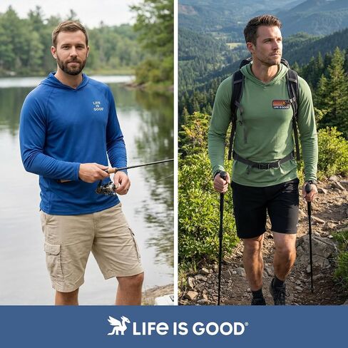 قمصان سباحة Life is Good للرجال مع غطاء للرأس - حماية من الأشعة فوق البنفسجية بعامل حماية من الأشعة فوق البنفسجية 50+ وأكمام طويلة وغطاء للرأس للحماية من الطفح الجلدي من أجل صيد الأسماك والمشي لمسافات طويلة in Kuwait