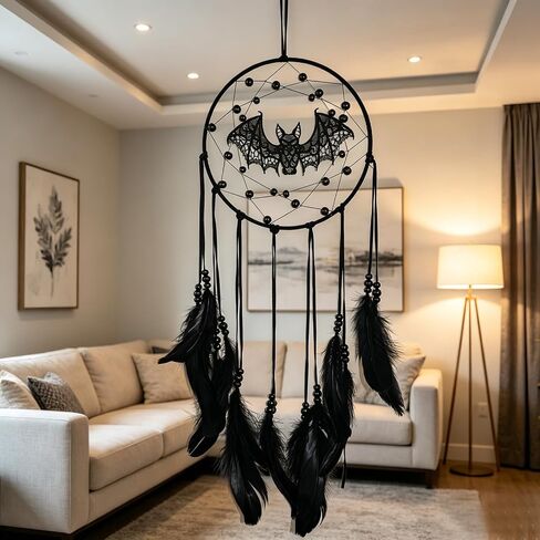Halloween Gothic Black Dreamcatcher with Bats - Large Handmade Bohemian Wall Hanging for Witchy Home Outdoor Decor, Halloween Bat Decor, Dark Gothic Gift (Bat B) in Saudi Arabia