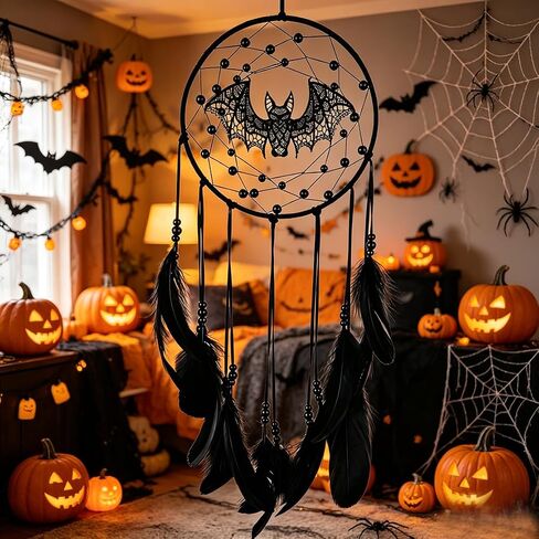 Halloween Gothic Black Dreamcatcher with Bats - Large Handmade Bohemian Wall Hanging for Witchy Home Outdoor Decor, Halloween Bat Decor, Dark Gothic Gift (Bat B) in Saudi Arabia
