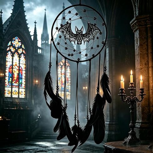 Halloween Gothic Black Dreamcatcher with Bats - Large Handmade Bohemian Wall Hanging for Witchy Home Outdoor Decor, Halloween Bat Decor, Dark Gothic Gift (Bat B) in Saudi Arabia