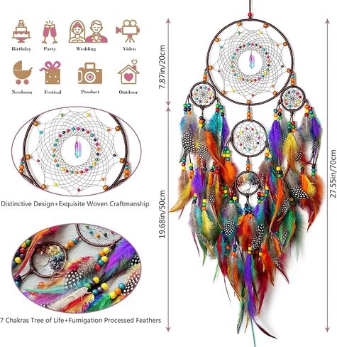 Large Dream Catchers, Handmade Woven Colorful Dream Catcher Wall Hanging, with Tree of Life Natural Healing Crystal Stone for Bedroom Wedding Party Decor, Festival Blessing Gift (Colorful) in Kuwait