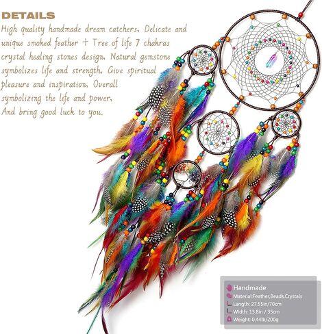 Large Dream Catchers, Handmade Woven Colorful Dream Catcher Wall Hanging, with Tree of Life Natural Healing Crystal Stone for Bedroom Wedding Party Decor, Festival Blessing Gift (Colorful) in Kuwait