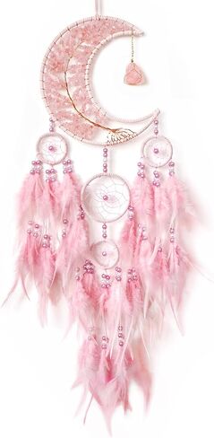Dream Catchers,Moon Dream Catchers with Chakra Gemstone Agate Stone,Pink Tree Life Dream Catcher Wall Hangings Room Decor for Girls Bedroom Decor Art Craft Gift (Pink) in Saudi Arabia
