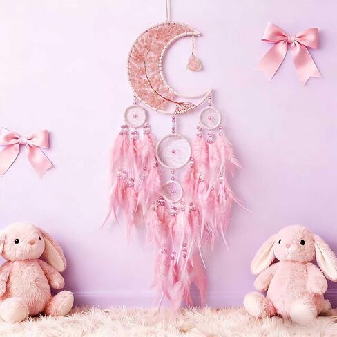 Dream Catchers,Moon Dream Catchers with Chakra Gemstone Agate Stone,Pink Tree Life Dream Catcher Wall Hangings Room Decor for Girls Bedroom Decor Art Craft Gift (Pink) in Saudi Arabia