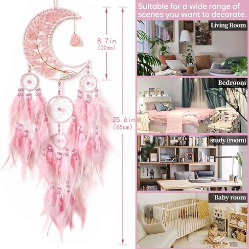 Dream Catchers,Moon Dream Catchers with Chakra Gemstone Agate Stone,Pink Tree Life Dream Catcher Wall Hangings Room Decor for Girls Bedroom Decor Art Craft Gift (Pink) in Saudi Arabia