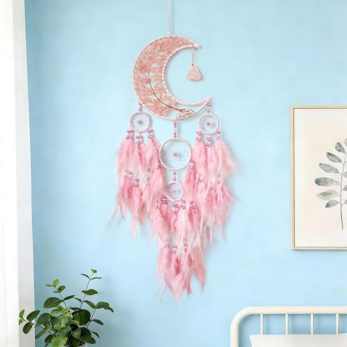 Dream Catchers,Moon Dream Catchers with Chakra Gemstone Agate Stone,Pink Tree Life Dream Catcher Wall Hangings Room Decor for Girls Bedroom Decor Art Craft Gift (Pink) in Saudi Arabia