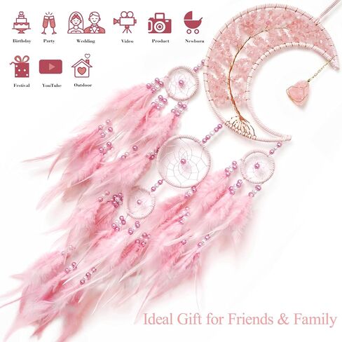 Dream Catchers,Moon Dream Catchers with Chakra Gemstone Agate Stone,Pink Tree Life Dream Catcher Wall Hangings Room Decor for Girls Bedroom Decor Art Craft Gift (Pink) in Saudi Arabia