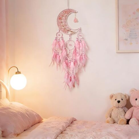 Dream Catchers,Moon Dream Catchers with Chakra Gemstone Agate Stone,Pink Tree Life Dream Catcher Wall Hangings Room Decor for Girls Bedroom Decor Art Craft Gift (Pink) in Saudi Arabia