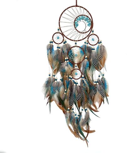 Handmade Large Dreamcatcher wall Decoration, a 5-Ring Bohemian Dreamcatcher with Turquoise Feathers, Bohemian-Style Room Decor, and a Gift for bedrooms and Nurseries. in Saudi Arabia