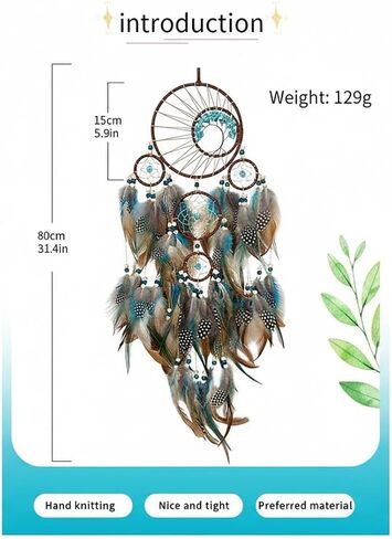 Handmade Large Dreamcatcher wall Decoration, a 5-Ring Bohemian Dreamcatcher with Turquoise Feathers, Bohemian-Style Room Decor, and a Gift for bedrooms and Nurseries. in Saudi Arabia